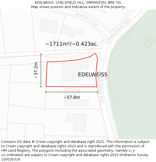EDELWEISS, CHELSFIELD HILL, ORPINGTON, BR6 7SL: Plot and title map