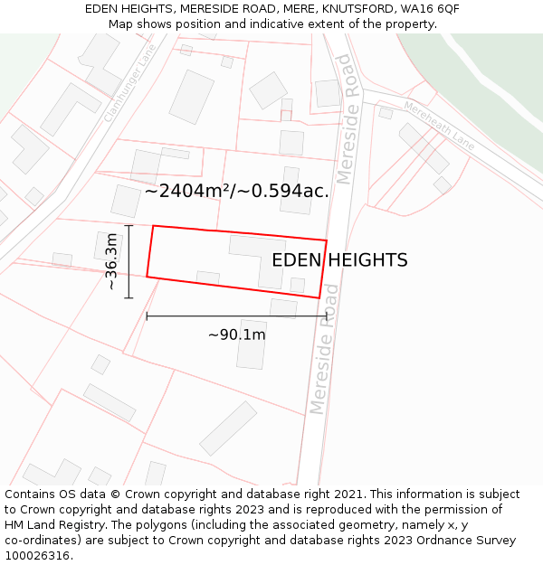 EDEN HEIGHTS, MERESIDE ROAD, MERE, KNUTSFORD, WA16 6QF: Plot and title map