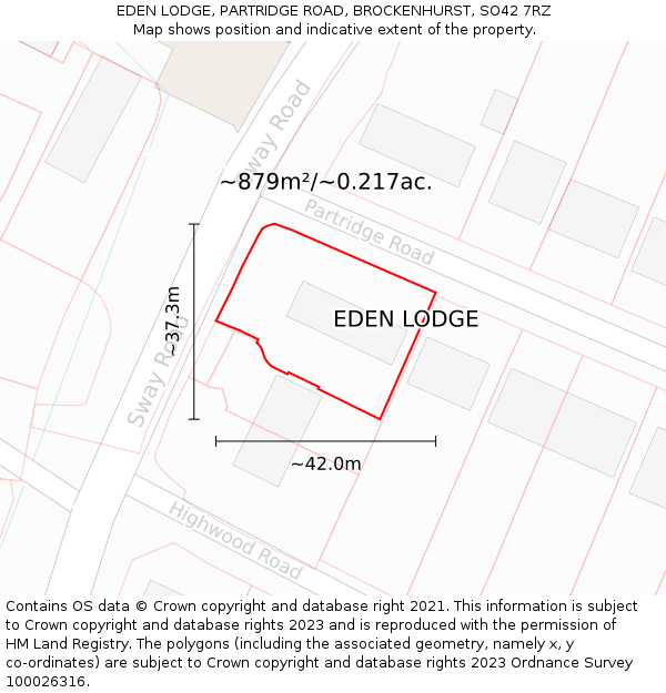 EDEN LODGE, PARTRIDGE ROAD, BROCKENHURST, SO42 7RZ: Plot and title map