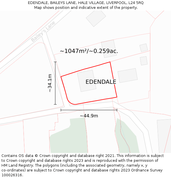 EDENDALE, BAILEYS LANE, HALE VILLAGE, LIVERPOOL, L24 5RQ: Plot and title map