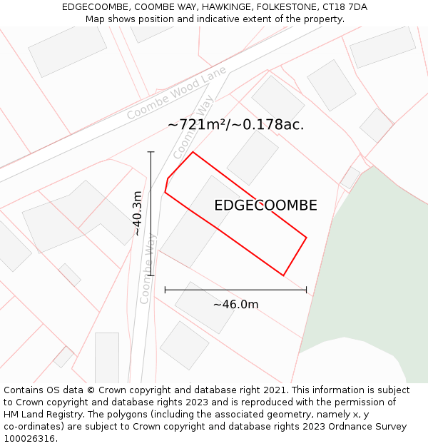 EDGECOOMBE, COOMBE WAY, HAWKINGE, FOLKESTONE, CT18 7DA: Plot and title map