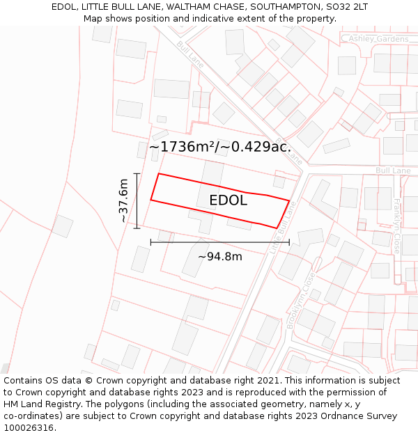 EDOL, LITTLE BULL LANE, WALTHAM CHASE, SOUTHAMPTON, SO32 2LT: Plot and title map