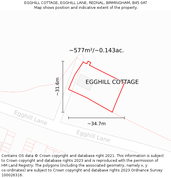 EGGHILL COTTAGE, EGGHILL LANE, REDNAL, BIRMINGHAM, B45 0AT: Plot and title map