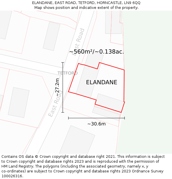 ELANDANE, EAST ROAD, TETFORD, HORNCASTLE, LN9 6QQ: Plot and title map