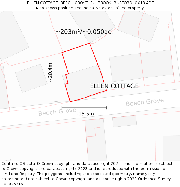 ELLEN COTTAGE, BEECH GROVE, FULBROOK, BURFORD, OX18 4DE: Plot and title map
