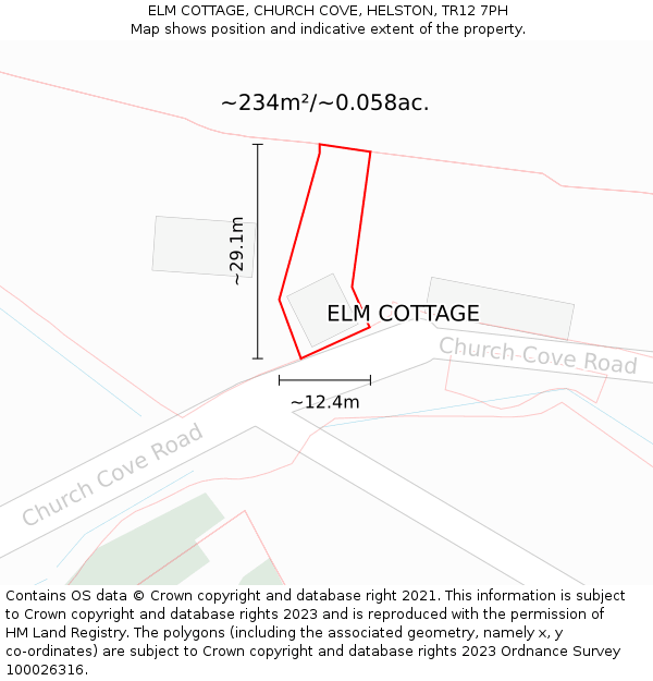 ELM COTTAGE, CHURCH COVE, HELSTON, TR12 7PH: Plot and title map