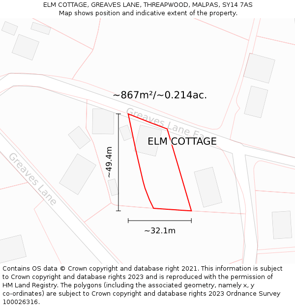 ELM COTTAGE, GREAVES LANE, THREAPWOOD, MALPAS, SY14 7AS: Plot and title map