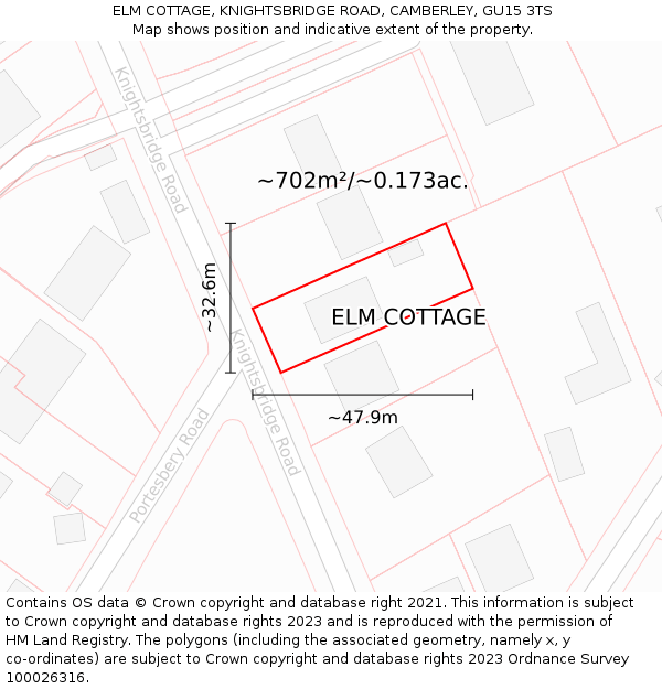 ELM COTTAGE, KNIGHTSBRIDGE ROAD, CAMBERLEY, GU15 3TS: Plot and title map