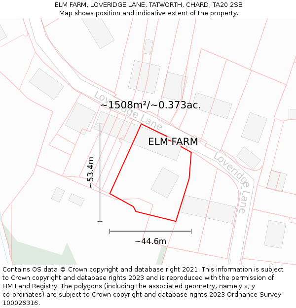 ELM FARM, LOVERIDGE LANE, TATWORTH, CHARD, TA20 2SB: Plot and title map