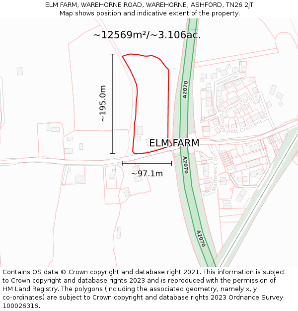 ELM FARM, WAREHORNE ROAD, WAREHORNE, ASHFORD, TN26 2JT: Plot and title map