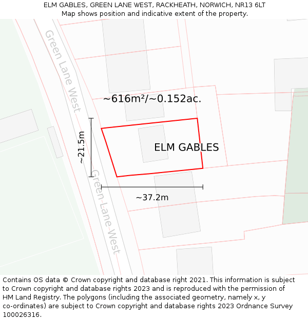 ELM GABLES, GREEN LANE WEST, RACKHEATH, NORWICH, NR13 6LT: Plot and title map