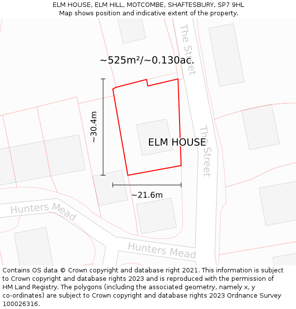 ELM HOUSE, ELM HILL, MOTCOMBE, SHAFTESBURY, SP7 9HL: Plot and title map