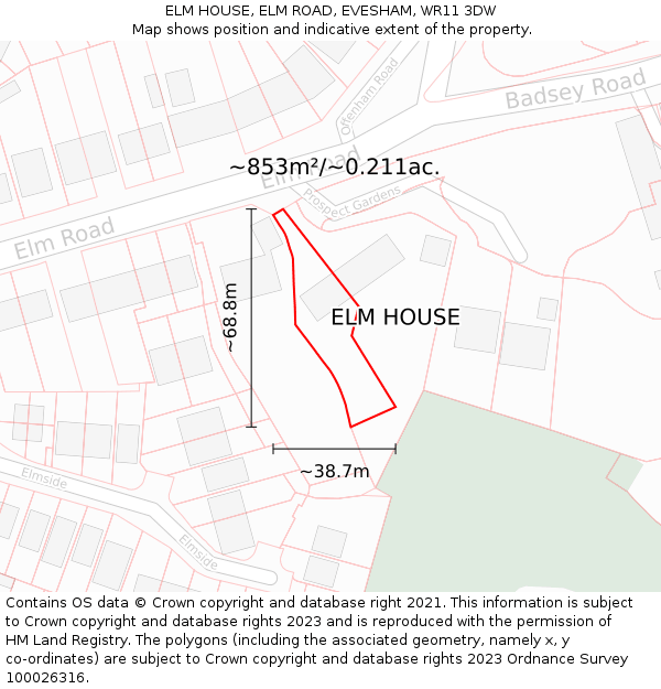 ELM HOUSE, ELM ROAD, EVESHAM, WR11 3DW: Plot and title map