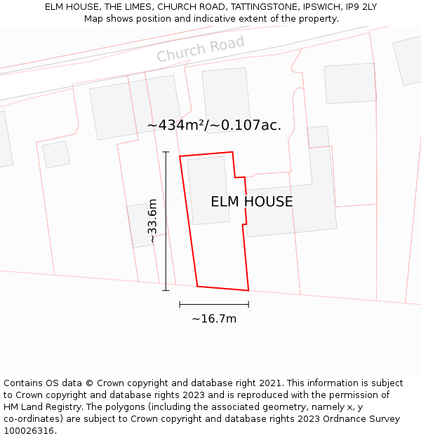 ELM HOUSE, THE LIMES, CHURCH ROAD, TATTINGSTONE, IPSWICH, IP9 2LY: Plot and title map