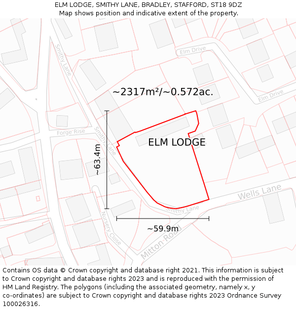 ELM LODGE, SMITHY LANE, BRADLEY, STAFFORD, ST18 9DZ: Plot and title map