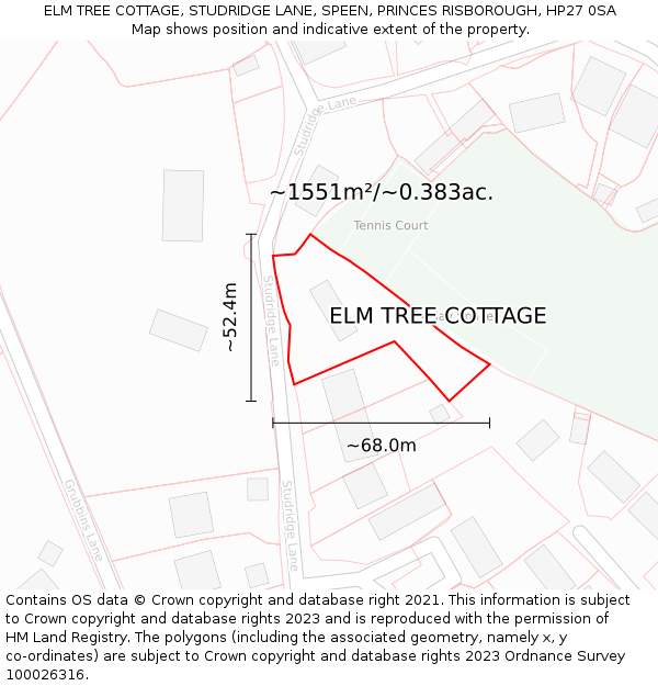 ELM TREE COTTAGE, STUDRIDGE LANE, SPEEN, PRINCES RISBOROUGH, HP27 0SA: Plot and title map