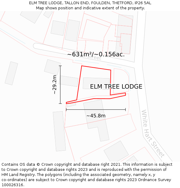 ELM TREE LODGE, TALLON END, FOULDEN, THETFORD, IP26 5AL: Plot and title map