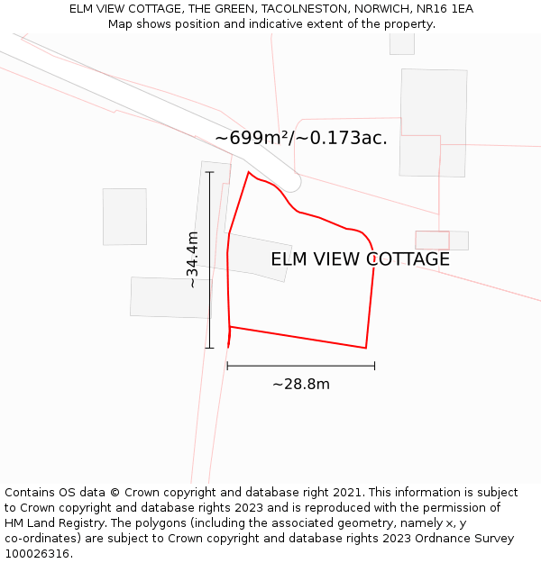 ELM VIEW COTTAGE, THE GREEN, TACOLNESTON, NORWICH, NR16 1EA: Plot and title map