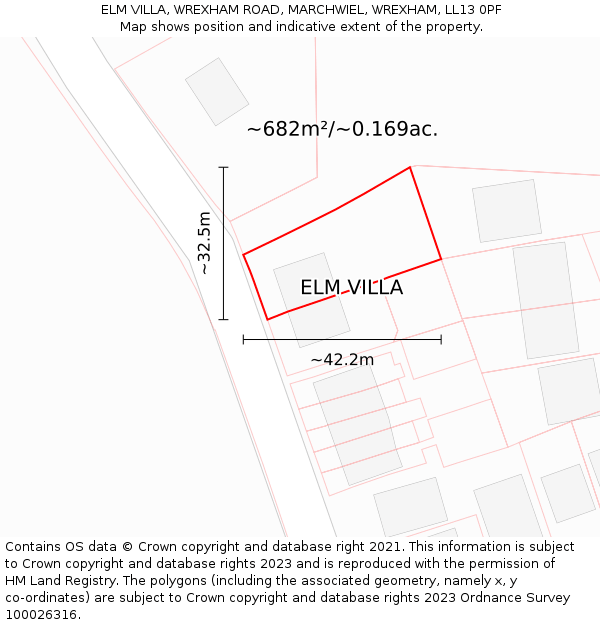 ELM VILLA, WREXHAM ROAD, MARCHWIEL, WREXHAM, LL13 0PF: Plot and title map