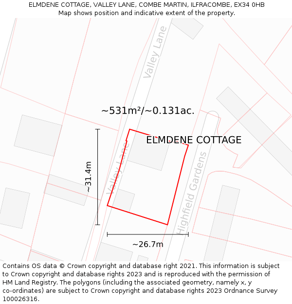 ELMDENE COTTAGE, VALLEY LANE, COMBE MARTIN, ILFRACOMBE, EX34 0HB: Plot and title map