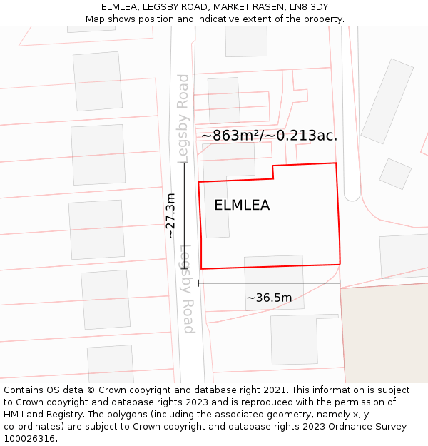 ELMLEA, LEGSBY ROAD, MARKET RASEN, LN8 3DY: Plot and title map