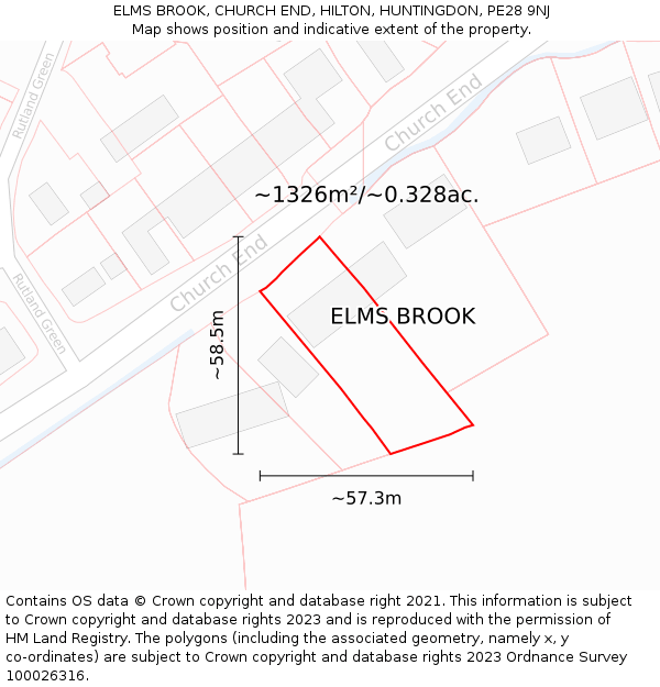 ELMS BROOK, CHURCH END, HILTON, HUNTINGDON, PE28 9NJ: Plot and title map