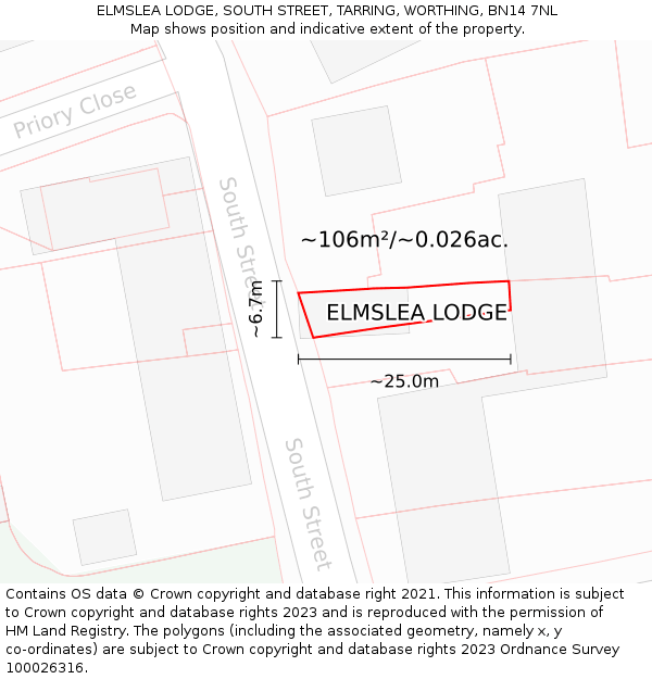 ELMSLEA LODGE, SOUTH STREET, TARRING, WORTHING, BN14 7NL: Plot and title map