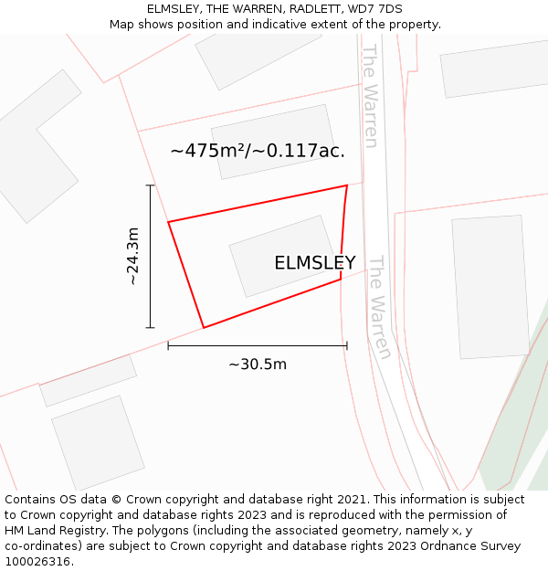 ELMSLEY, THE WARREN, RADLETT, WD7 7DS: Plot and title map
