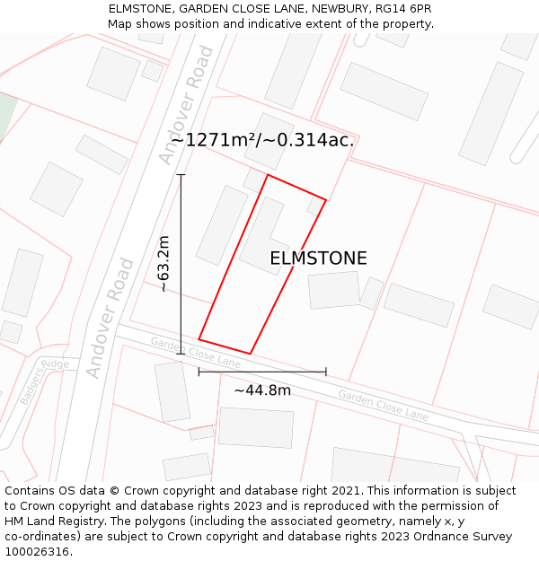 ELMSTONE, GARDEN CLOSE LANE, NEWBURY, RG14 6PR: Plot and title map