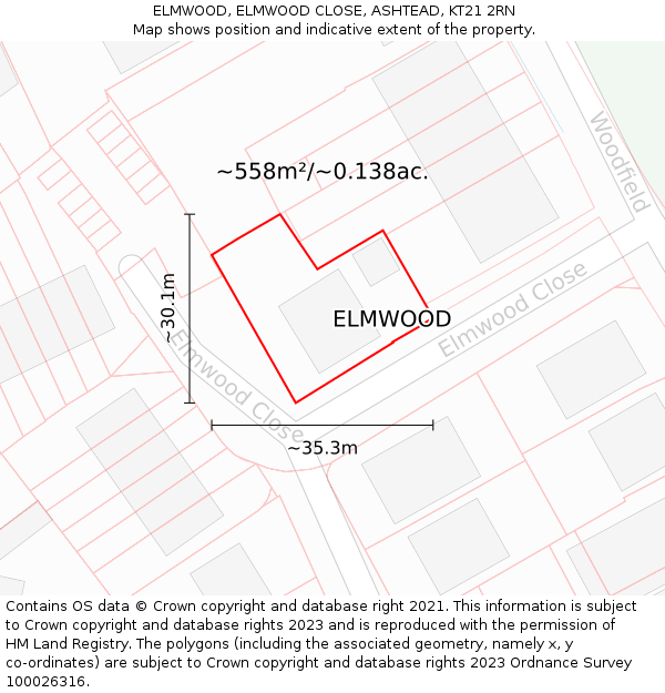 ELMWOOD, ELMWOOD CLOSE, ASHTEAD, KT21 2RN: Plot and title map
