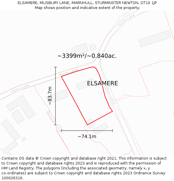 ELSAMERE, MUSBURY LANE, MARNHULL, STURMINSTER NEWTON, DT10 1JP: Plot and title map