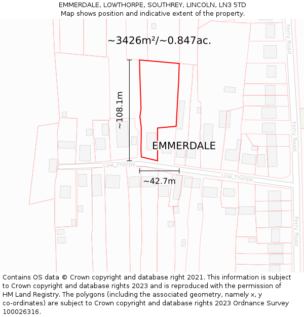 EMMERDALE, LOWTHORPE, SOUTHREY, LINCOLN, LN3 5TD: Plot and title map