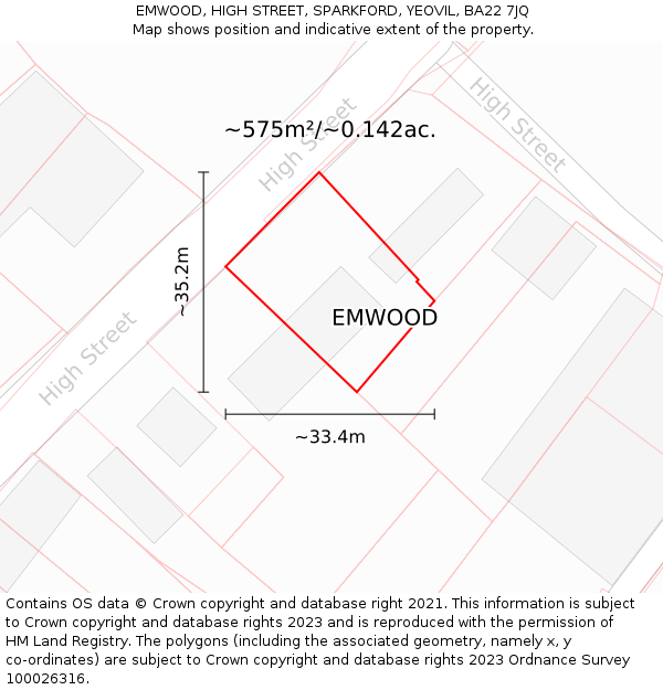 EMWOOD, HIGH STREET, SPARKFORD, YEOVIL, BA22 7JQ: Plot and title map