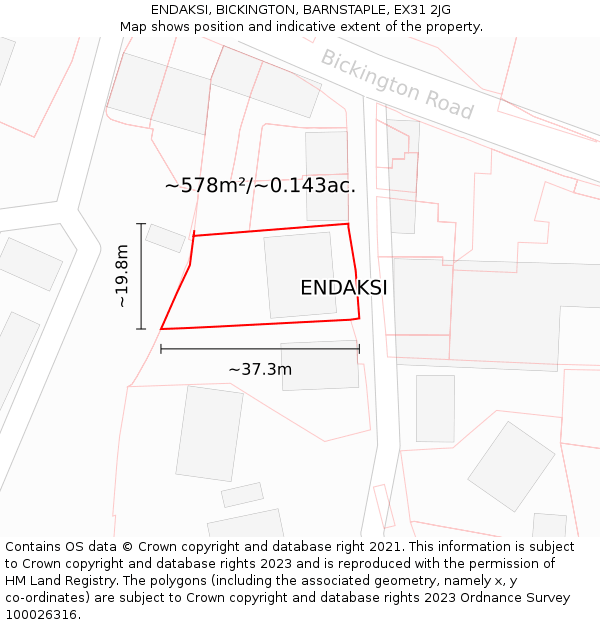 ENDAKSI, BICKINGTON, BARNSTAPLE, EX31 2JG: Plot and title map