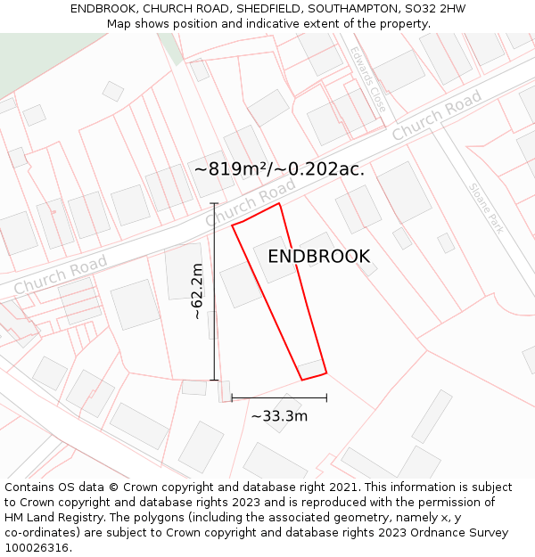 ENDBROOK, CHURCH ROAD, SHEDFIELD, SOUTHAMPTON, SO32 2HW: Plot and title map