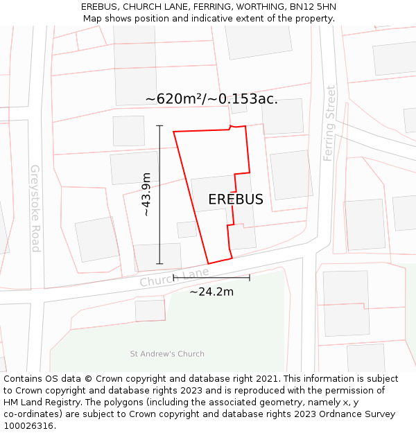 EREBUS, CHURCH LANE, FERRING, WORTHING, BN12 5HN: Plot and title map