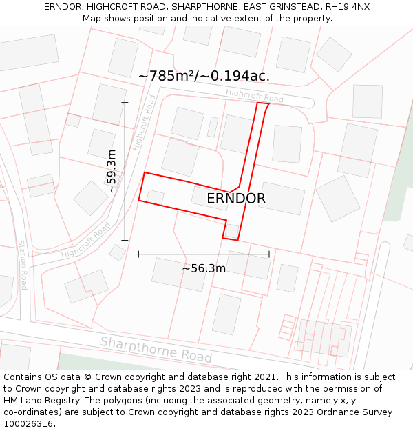 ERNDOR, HIGHCROFT ROAD, SHARPTHORNE, EAST GRINSTEAD, RH19 4NX: Plot and title map
