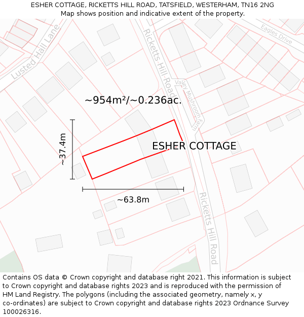 ESHER COTTAGE, RICKETTS HILL ROAD, TATSFIELD, WESTERHAM, TN16 2NG: Plot and title map