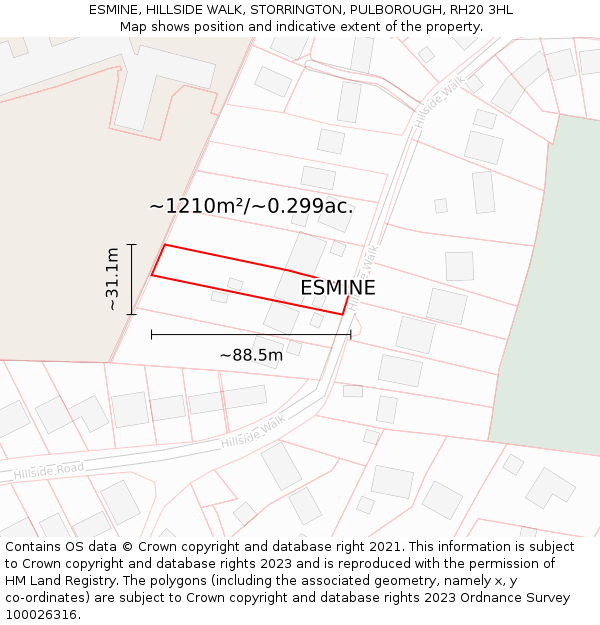 ESMINE, HILLSIDE WALK, STORRINGTON, PULBOROUGH, RH20 3HL: Plot and title map