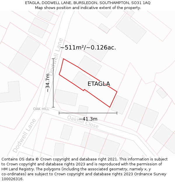 ETAGLA, DODWELL LANE, BURSLEDON, SOUTHAMPTON, SO31 1AQ: Plot and title map