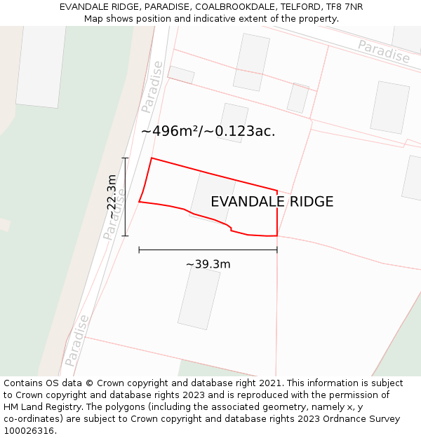 EVANDALE RIDGE, PARADISE, COALBROOKDALE, TELFORD, TF8 7NR: Plot and title map