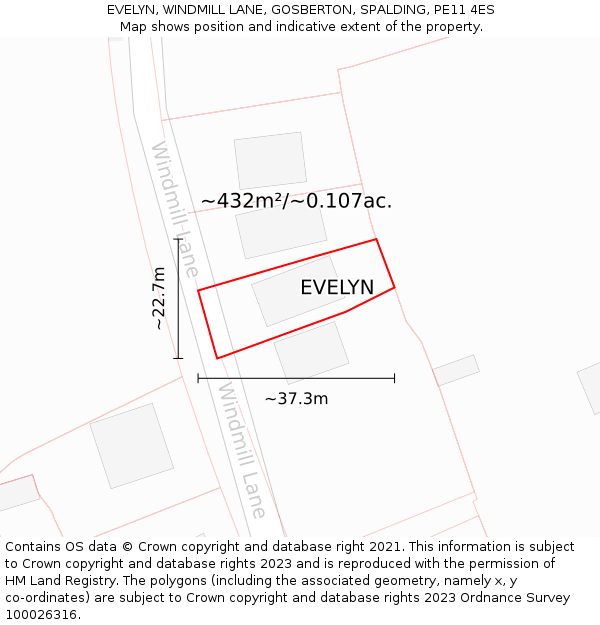 EVELYN, WINDMILL LANE, GOSBERTON, SPALDING, PE11 4ES: Plot and title map