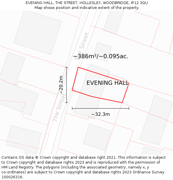 EVENING HALL, THE STREET, HOLLESLEY, WOODBRIDGE, IP12 3QU: Plot and title map