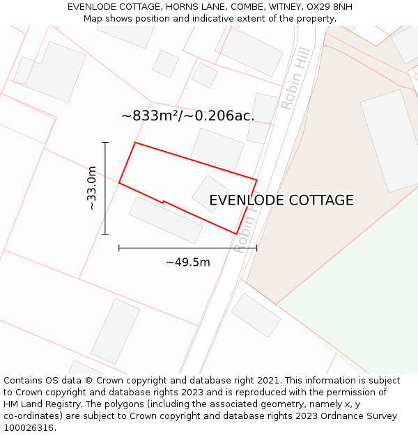EVENLODE COTTAGE, HORNS LANE, COMBE, WITNEY, OX29 8NH: Plot and title map