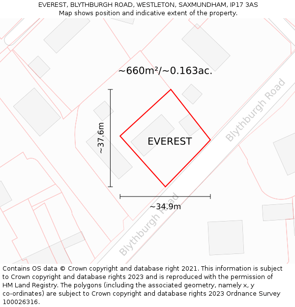 EVEREST, BLYTHBURGH ROAD, WESTLETON, SAXMUNDHAM, IP17 3AS: Plot and title map