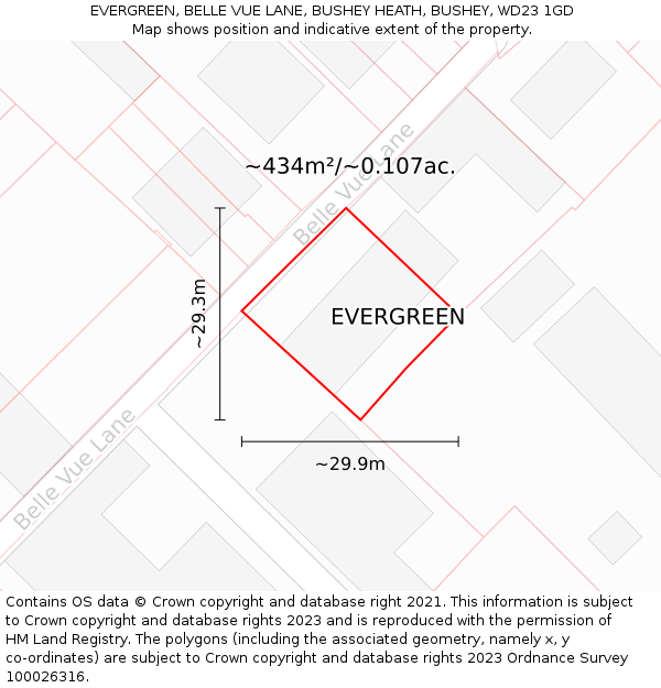 EVERGREEN, BELLE VUE LANE, BUSHEY HEATH, BUSHEY, WD23 1GD: Plot and title map