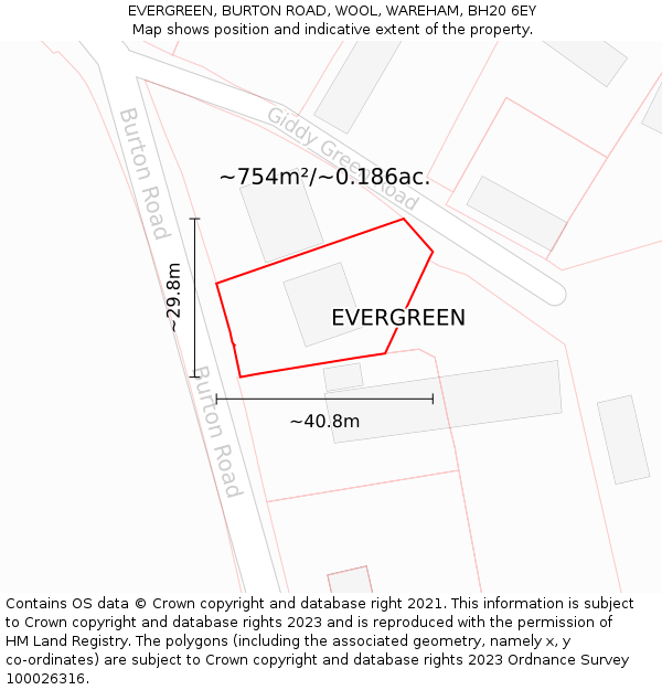 EVERGREEN, BURTON ROAD, WOOL, WAREHAM, BH20 6EY: Plot and title map