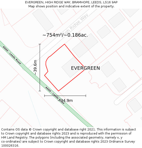 EVERGREEN, HIGH RIDGE WAY, BRAMHOPE, LEEDS, LS16 9AP: Plot and title map