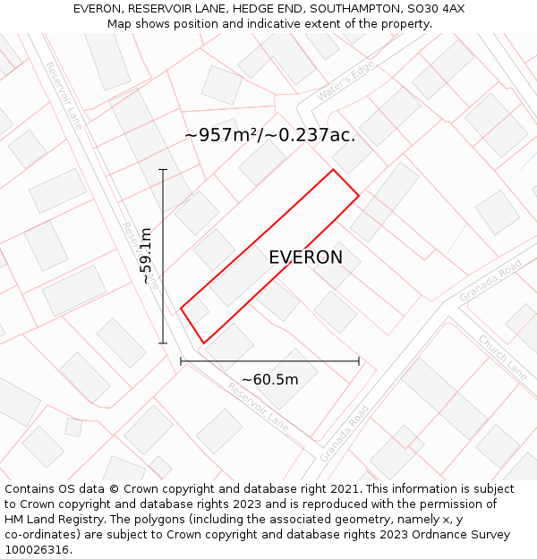 EVERON, RESERVOIR LANE, HEDGE END, SOUTHAMPTON, SO30 4AX: Plot and title map