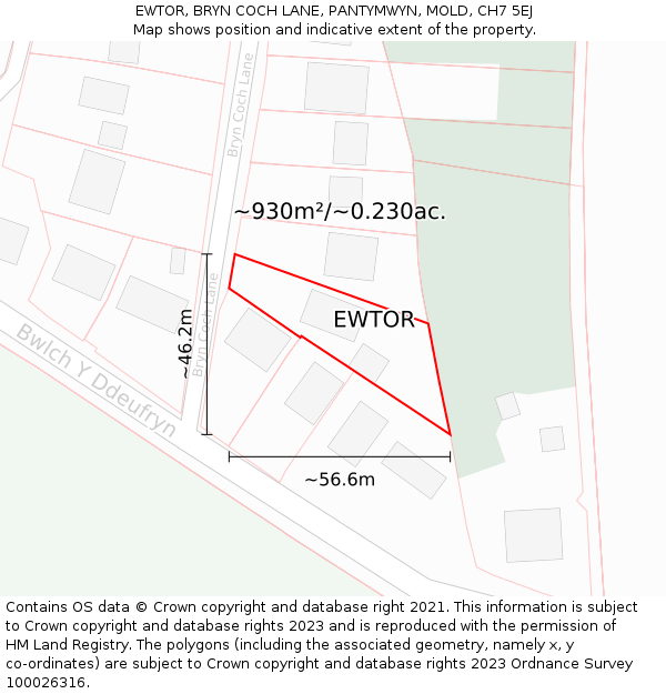 EWTOR, BRYN COCH LANE, PANTYMWYN, MOLD, CH7 5EJ: Plot and title map